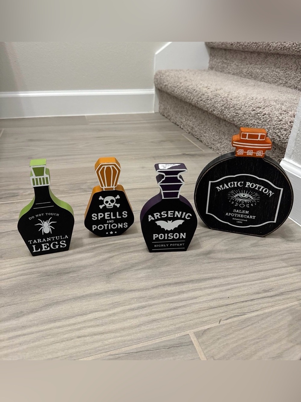 Wooden Halloween Potion Bottle Decor - Black, Purple, Orange, Green